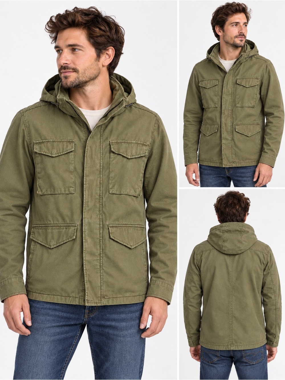 Lucky Brand Men's Olive Green M-65 Military Style Field Jacket with Hood Large